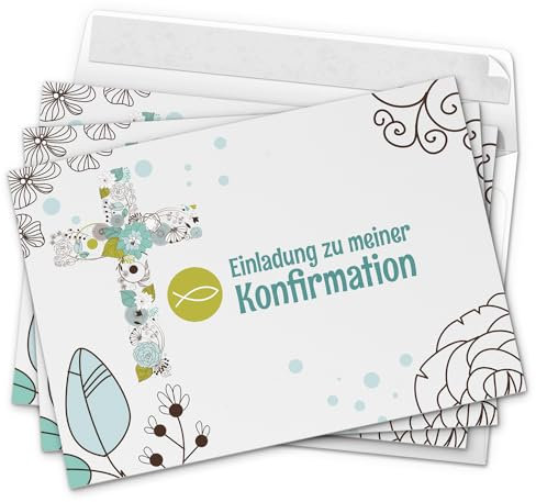 10 x Einladungskarten Konfirmation mit Umschlag/Moderne Karte mit Fisch Türkis/Konfirmationskarten/Einladungen zur Feier