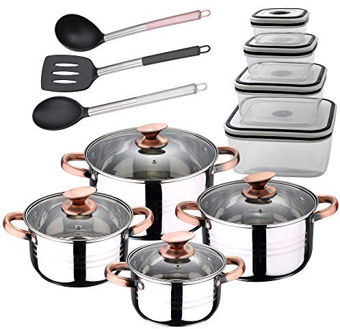 San Ignacio Premium Batterie de 8 pièces, 4 boîtes à déjeuner et 3 ustensiles en acier inoxydable, couleur cuivre, 1,9 L – 2,7 L – 3,5 L – 5,1 L