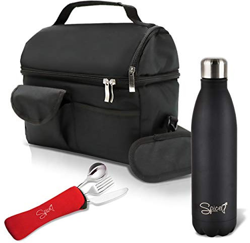 SPICE Borsa Termica Caldo e Freddo capacità 8 L con Tracolla Porta Pranzo + Bottiglia Termica Acciaio Inox 500 ml Doppia Parete BPA Free + Set 3 Posate in Acciaio Inox