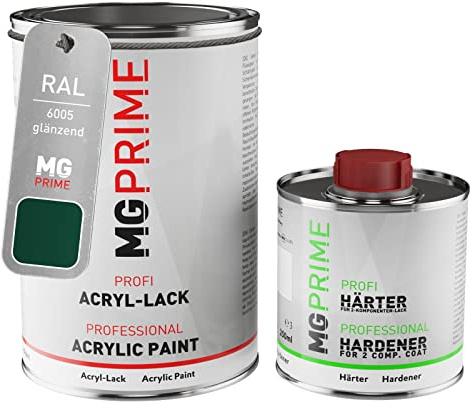 RAL 6005 Vert mousse brillant, pot de peinture acrylique + durcisseur 1,5 L | Moss green, Kit 2K peinture + durcisseur, à séchage rapide