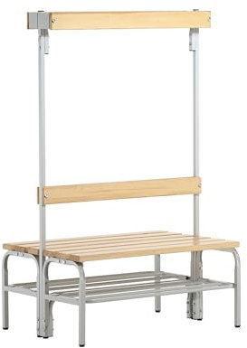 System-Umkleidebank Holz/Stahl, Typ C, mit Schuhrost, lichtgrau, LxBxH cm: 101,5x72,5x165, Doppelseitig, mit Rückenlehne mit Hakenlehne