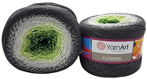 YarnArt Flowers 500 Gramm Bobbel Wolle Farbverlauf, 55% Baumwolle, Bobble Strickwolle Mehrfarbig (grau weiß grün 291)