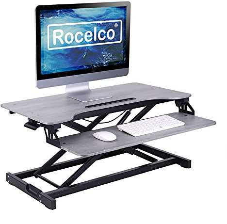 Rocelco Stehpult-Konverter 31,5 Zoll Sit Stand Up Dual Monitor Tabletop Riser mit Tablet Halterung, Höhenverstellbar Home Office Workstation - Tiefe Tastaturablage für Laptop Maus - Grau (R VADRG)