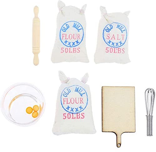 CENPEK 7 Stück 1:12 Puppenhaus Miniatur Mehl-Salz Beutel Eggbeater Modell Backset Lebensmittel Backen Scence Brot Herstellung Set Miniatur Lebensmittel Puppenhaus Zubehör