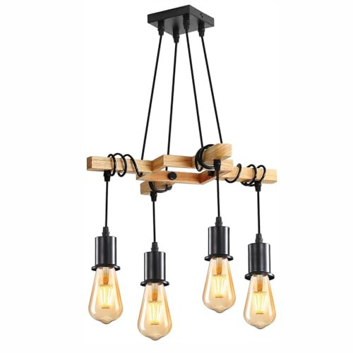 DAXGD Suspension Luminaire Industriel, Plafonnier lustre en Bois E27, Luminaire Plafonnier Vintage Noir Réglable en Hauteur pour Salon Cuisine, Chambre, 4 Ampoules NON INCLUSES