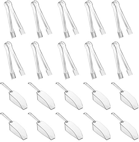 HQLESHUI 10 pinzas de plástico para servir, mini pinzas de cocina, pinzas de cocina y 10 cucharas de cocina de plástico, mini cuchara transparente para buffet de dulces, postres, bufé, hielo