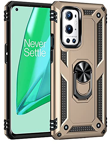 BestST Handyhülle für OnePlus 9 Pro 5G + Displayschutz, Cover für OnePlus 9 Pro 5G hülle, 360 Grad Drehbar Ringhalter Handytasche Case Handy Hüllen,Gold