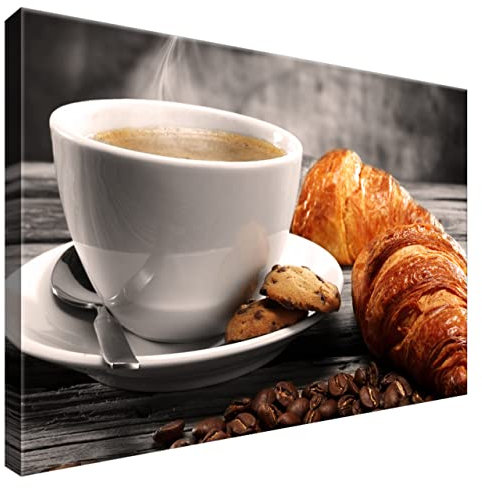 Estika Leinwand bilder - Croissant mit heißem Kaffee - 60x40 cm, 1 teilige kunstdruck - Wandbilder wohnzimmer, schlafzimmer, Moderne wanddeko, Bild auf leinwand - Küche bilder - 1387A_1E