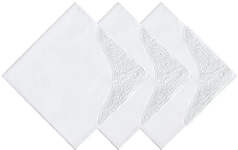 HOULIFE Taschentücher Hochzeit – Kleine Stofftaschentücher Damen, Taschentuch Hochzeit aus Gekämmte Baumwolle Weich Weiße Blumen Stickereien mit Spitzen, 35x35cm (Weiß 1, 3 Stücke)