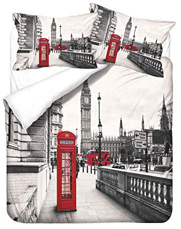 WQIZXCW London Bettwäsche 140x200, Stadt Bettbezug Set 2 Teilig - 110gsm Weiche Microfaser Bettbezüge mit Reißverschluss und 1 Kissenbezug 70x90 cm