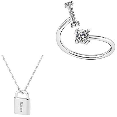 TianWlio Fashion Lady Lock Classic Silber 26 Buchstaben Halskette und Ring-Set Kette Damen Geschenke Halsketten Schmuck Anhänger Valentinstag Hochzeit Jubiläum Geburtstag (I, One Size)