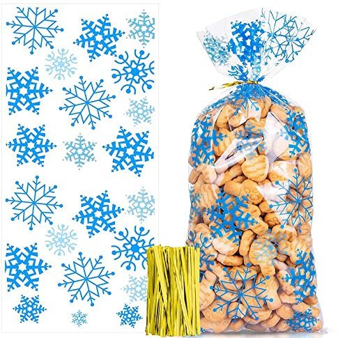 100 Stück Weihnachten Süßigkeiten Tüten, Cellophantüten, Schneeflocke Weihnachten Plätzchentüten, Kekse Goody Taschen mit 100 Stück Twist Krawatten für Plätzchen Kekse Pralinen (Blau)