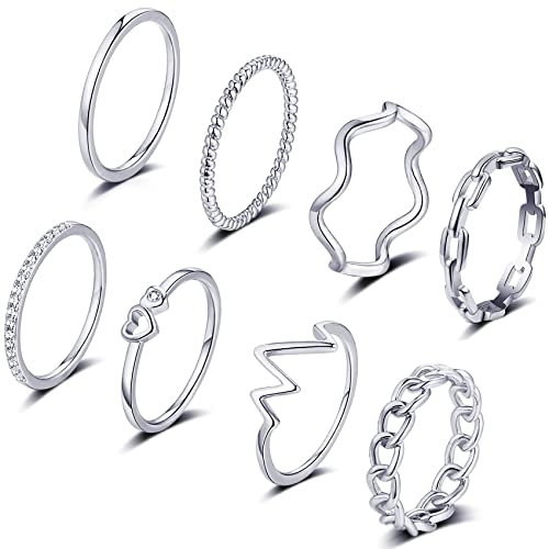 FUNEIA 8 Stück 14 Karat Vergoldet Ringe Set Gold Damen Stapelringe Fingerring Gold Sliver für Frauen Herz CZ Dünn Verlobungsring Eheringe Goldene Ringe Set Wasserfest Schmuck (Silber Set 1, 54(17.3))