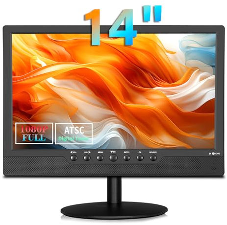 Jexiop 14 Portable TV,Small Full HD 1080P TV with Digital ATSC Tuner,Rechargeable Battery,Antenna and HDMI/USB Ports,12 Volt Charger Cable for Car Kitchen Travel Monitor