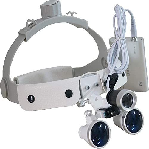 Samnuerly Dentallupen, 2,5-Fach / 3,5-Fach Zahnarzt-Zahnarzt-Chirurgie-Binokularlupen, am Kopf montierte Lupe, mit LED-Kopflampe + Aluminiumbox Silber, geeignet für Chirurgie, Orthopädie