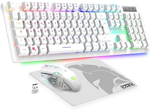 Empire Gaming - Armor RF800 Wireless Wiederaufladbar Gaming Tastatur und Maus Set QWERTZ (DE-Layout) - Tastatur 2,4 G RGB - Ergonomische Maus 4800 DPI mit Mauspad - PC PS4 PS5 Xbox One/Serie Mac