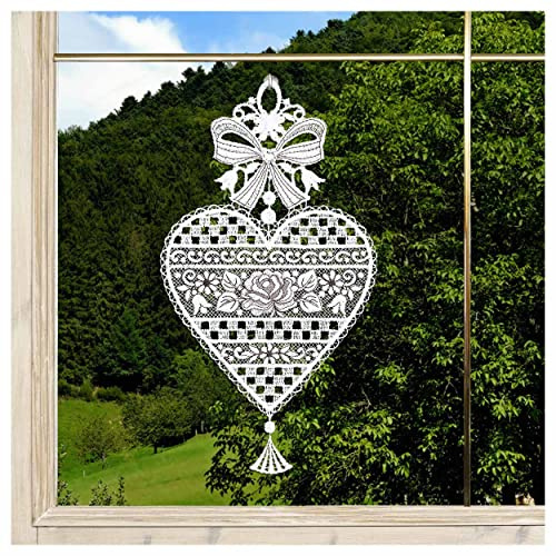 DSD Design-Studio Drechsler Fensterbild Herz Annemarie aus Echter Plauener Spitze in weiß-braun Landhaus-Fensterdeko mit rustikalem Rosen-Motiv 25 x 13 cm