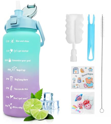 KETIEE Trinkflasche 2L: 2 Liter Trinkflasche mit Strohhalm BPA-frei Wasserflasche 2 Liter mit Zeitmarkierung, Auslaufsicher Sportflasche Trinkflasche Sport für Fitness Camping Yoga (Grün Violett)