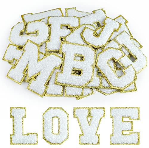 Morcheiong 52Pcs Self Adhesive Chenille Letter Patches A-Z, Iron on Letters for DIY Clothing, Fabric, Shoes, Bags (White)