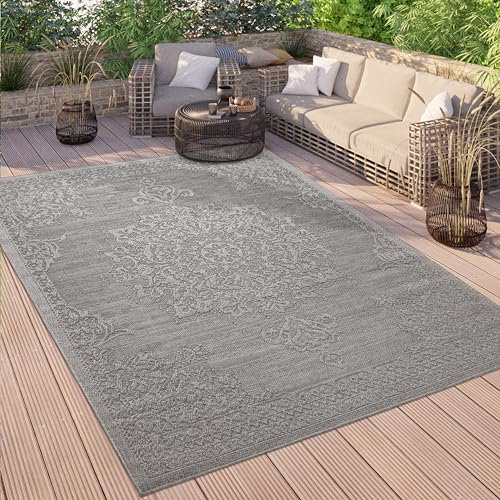 Paco Home Outdoor Teppich Wetterfest Balkon Küche Wohnzimmer Orientalisches Muster Vintage Optik Einfarbig 3D Modern, Grösse:160x220 cm, Farbe:Anthrazit