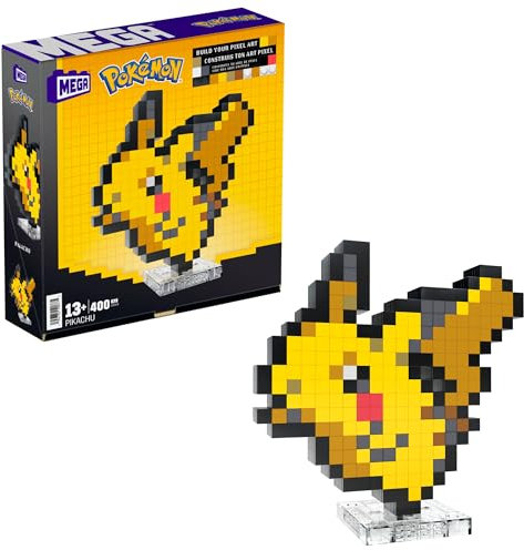 MEGA Pokémon Showcase - Pikachu, set in stile retrò pixelato da costruire con 400 pezzi, con base piana per esporlo e incisione sul retro per appenderlo, giocattolo per bambini, 13+ anni, HTH74