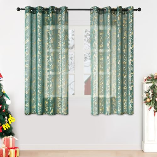 MRTREES Gardinen Weihnachten vorhänge mit ösen kurz Vorhang grün Vorhang transparent Vorhang kinderzimmer 137x140cm (H×B) 2er Set vorhänge Weihnachtsbäume Muster