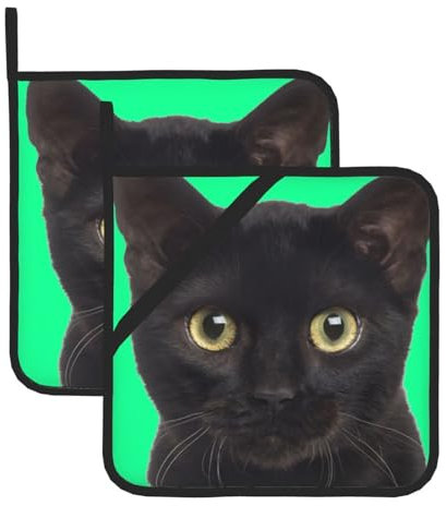 Lot de 2 maniques pour cuisine - Motif chat noir - Résistants à la chaleur - Antidérapants - Avec poches