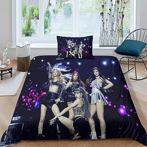 LOUSON Blackpink Bettwäsche 3D Bettbezug Set Mit Reißverschluss Und Kissenbezug, Mikrofaser Bettbezüge 3 Teilig Für Erwachsene Kinder Single(135x200cm)