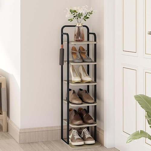 Hzuaneri Vertikales Schuhregal, 6-Stöckige Schuhregale, Schuhturm für Kleine Räume, Freistehend, Verstellbar, Platzsparend,Helles Elfenbein und Schwarz SR04205B