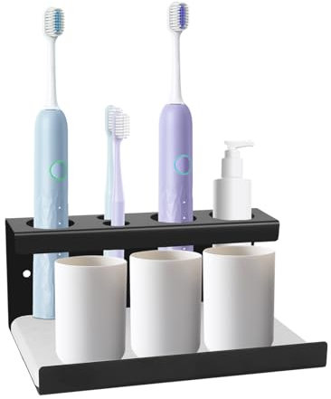 POFIBO Portacepillos de Dientes de Pared, Eléctrico Portacepillos de Dientes de 4 Agujeros Sin Taladro Portavasos para Cepillos de Dientes Autoadhesivo de Pared Organizador de Baño