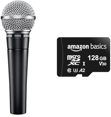 Shure SM58SE Cardioid Dynamisches Vokalmikrofon mit Eius-Schalter & Amazon Basics MicroSDXC-Speicherkarte, 128 GB, mit SD-Adapter, A2, U3, 100 MB/s max. Lesegeschwindigkeit, Schwarz