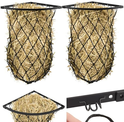 Yaocom 2 Set Wand Heu Feeder mit Netz Ecke Heuraufe Schwarz Ecke Heu Futterspender Rahmen mit Langsamer Fütterung Heunetz für Pferde Ziege
