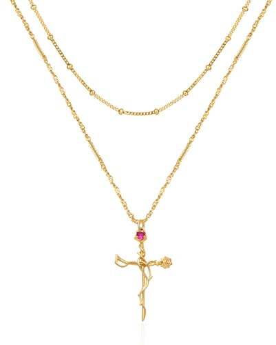 Jenosy Collana Donna in Ottone Placcato Oro 18K con Pendente a Croce Rosa Spinosa Girocollo Donna Collane Gioielli Creativi per Donne Ragazza Regali