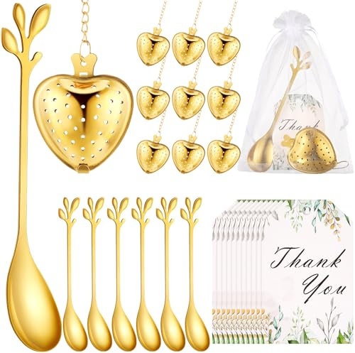 25 Sets Bridal Shower Tea Party Favor for Guest Leaf Tea Spoon Heart Shape Infuser Ball for Loose with Thank You Card Organza Bag Wedding Souvenir Gift