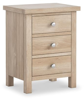 RoselandFurniture Farro Washed Oak 3 Drawer Bedside Table | Fully Assembled, Night Stand Cabinet, Solid Wood Finish, Coastal Farmhouse Style, H56cm W42cm D32cm