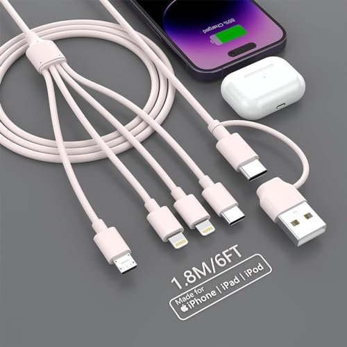 MTAKYI Multi USB Kabel, Universal Ladekabel [1.8M] Schnell 4 in 2 Mehrfach iP Micro USB Typ C Lightning Cable für iPhone, Android Galaxy, Huawei, Oneplus, Sony, LG, Honor View-Rosa