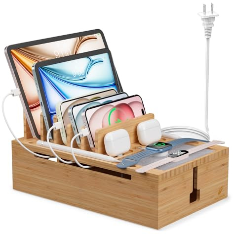Pezin & Hulin Bamboo Charging Station for Multiple Devices, USB Charger Dock Organizer, with Power Supply (10 Ports HUB), 6 Cables, Cable Management Organizer for Cell Phones, Tablets -Natural Color | USB Charger Dock Organizer , Cable Management Organizer for Cell Phones, Tablets - Bamboo, Natural Color