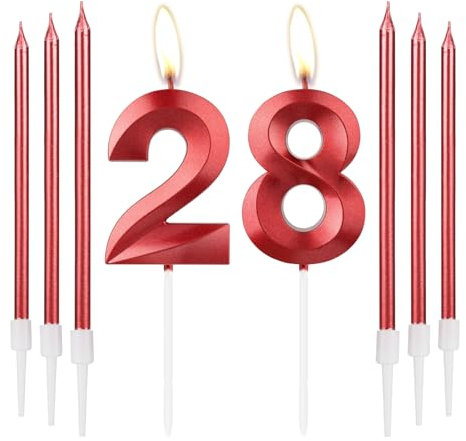 mciskin Red 28 Birthday Candles-3D Design Number 28 Candle for Cake with 6pcs Long/Thin Candles Set, Red Cake Topper for Girl 28th Birthday Decorations Supplies,28th Wedding Anniversary Decorations