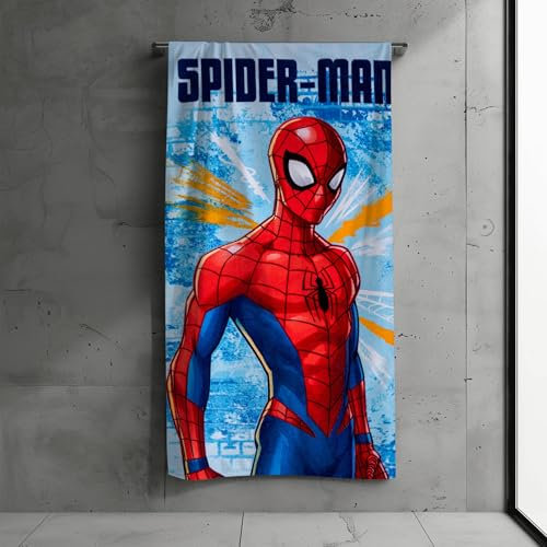 SUN CITY Spiderman Kinder Badetuch, Strandtuch, 100% Baumwolle, 140x70 cm, saugfähig, für Bad, Strand oder See (Hellblau)