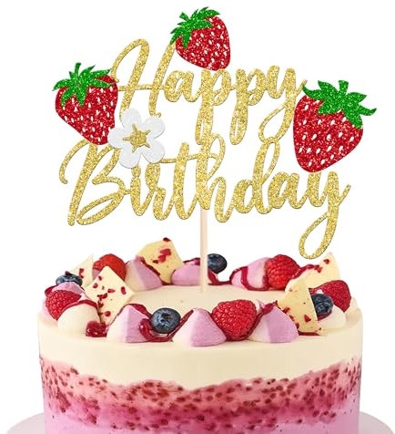 Rsstarxi Lot de 1 décoration de gâteau d'anniversaire fraise à paillettes pour fête prénatale, fête d'anniversaire, fête prénatale, fête d'anniversaire, doré