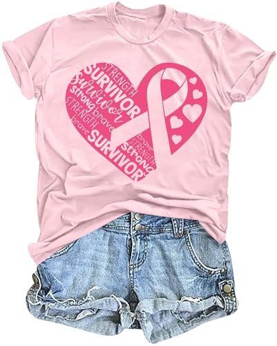 tiorhooe Octobre Rose T-Shirt Ruban Rose T Shirt Femme Cancer du Sein Tee Shirt