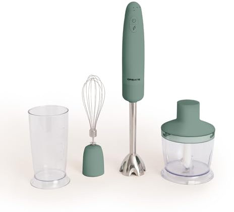 CREATE/FULLMIX RETRO/Batidora de mano Verde Sage/Bate, mezcla y monta, 6 velocidades, vaso medidor 600ml, libre de BPA, vaso para triturar 500 ml, 1000W