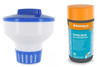 Steinbach | Dosierschwimmer Starter Kit inkl. Total Blue | 18 cm Ø | langsamlöslich 20 g | Poolwasser sauber und kristallklar | ideal zur Poolpflege