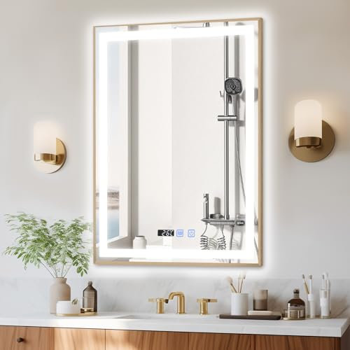 YOURLITE Miroir de Salle de Bain avec Éclairage LED 80x60cm, Fonction Antibuée, Couleur et Luminosité Réglables, avec Affichage Heure et Température, Montage Mural Vertical, Doré