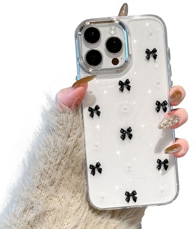 EYZUTAK Case for iPhone 13 Pro,Cute Bling Glitter 3D Bowknot Case,Black Bow | Sparkly Crystal Clear Phone Cover, Bow Aesthetic Design, Slim Soft Durable TPU Transparent Protective Cover, for Women Girls