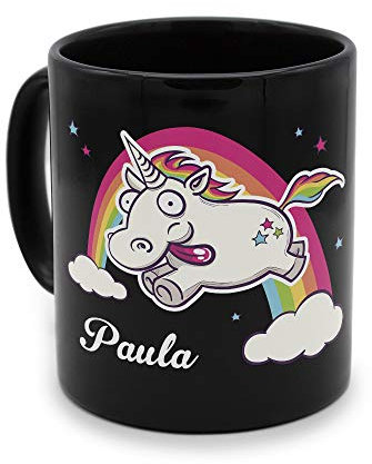 printplanet - Tasse Schwarz mit Namen Paula - Motiv: Verrücktes Einhorn - Namenstasse, Kaffeebecher, Mug, Becher, Kaffeetasse