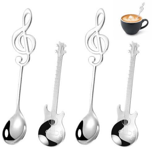 Wjelet 4 stycken sockerskedar, set, rostfritt stål dessertsked, dekorativ musiknot latte sked för te, mjölk, kaffe, dessert, dryck, milkshake