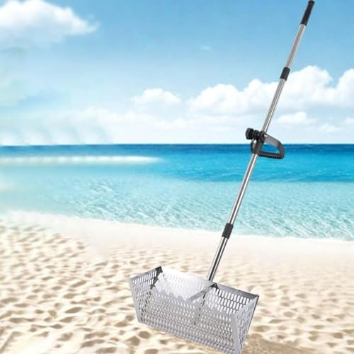 Sand Flea Rake, Stainless Steel Beach Sands Sifter with 15.8 Inch Shark Tooth Wide Basket, Durable Sands Rakes with Detachable Long Handle for Beach Easy to Install, Sand Flea Rakes Tool (Silver)