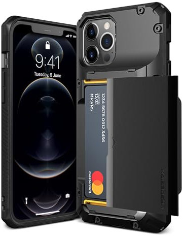 VRS DESIGN Damda Glide Pro Handyhülle für iPhone 12 Pro Max, mit [4 Karten], hochwertig, stabil, halbautomatisch, Kreditkartenschlitz, Brieftasche für iPhone 12 Pro Max 6,7 Zoll (2020), Logo, Schwarz