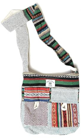 Himalaya-Umhängetasche, Bio-Patchwork, Baumwolle, Hanf, groß, Umhängetasche, Festival, Urlaub, Reisetasche, Mehrfarbig, Größe M, Eine Größe, Umhängetasche